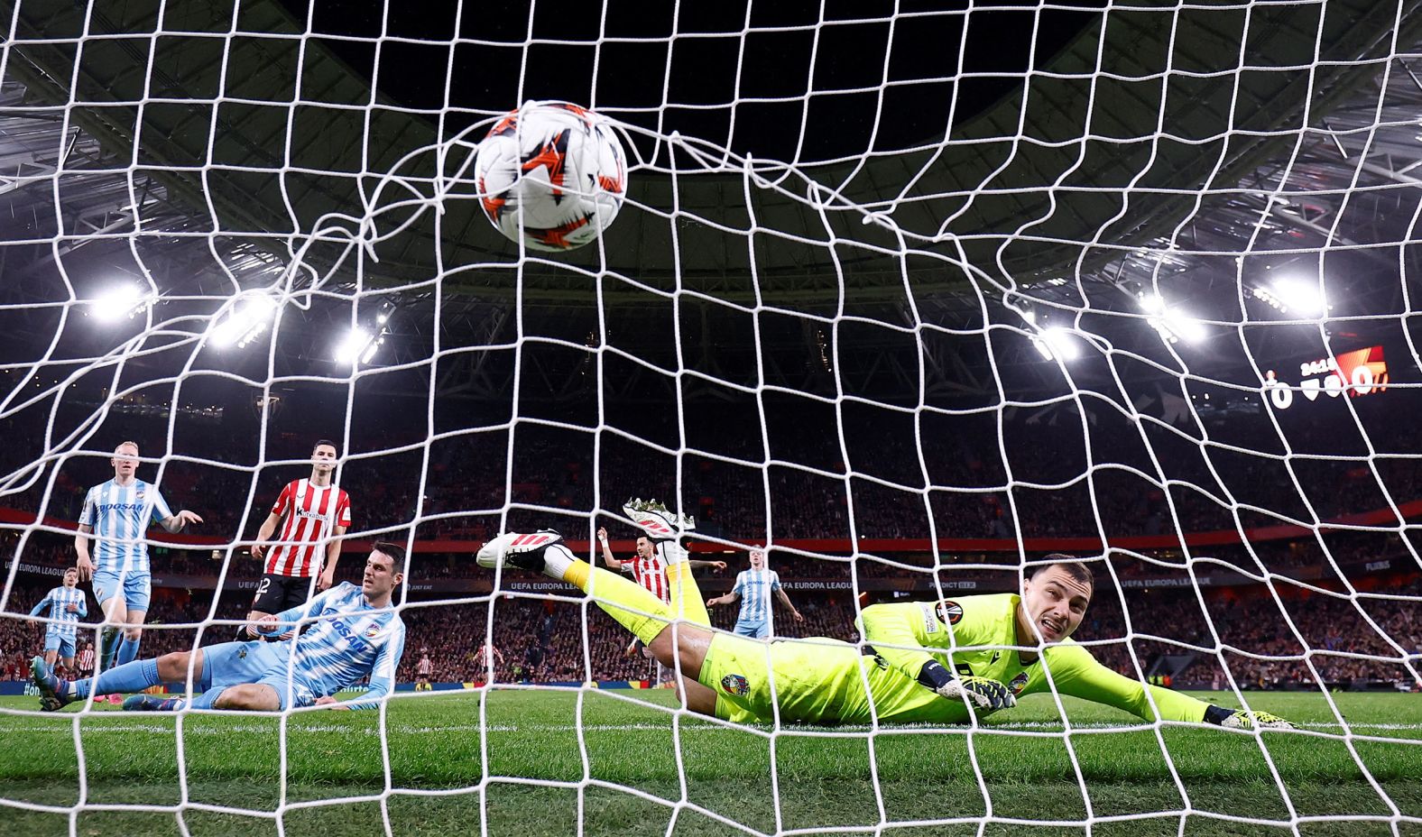 A shot from Athletic Bilbao’s Nico Williams, not pictured, flies past Viktoria Plzen goalkeeper Martin Jedlička during a Europa League match in Bilbao, Spain, on Thursday, January 30. Athletic won 3-1.