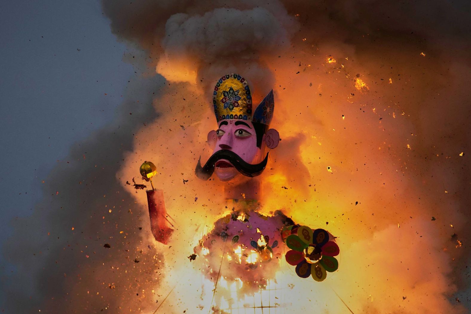 An effigy of Kumbhakarna goes up in flames to mark the end of Dussehra festival in Jammu, India, on Thursday, October 2.