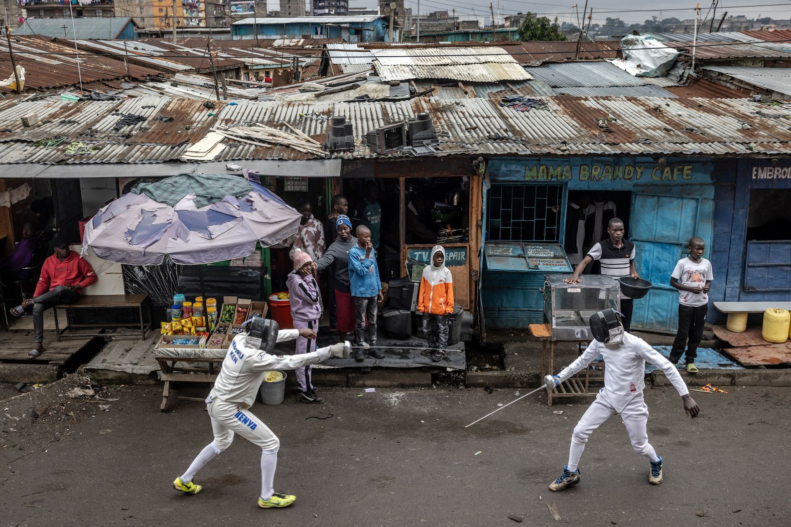 Members of the Tsavora Fencing Mtaani Club train in the Mathare informal settlement in Nairobi, Kenya, on Sunday, June 9.