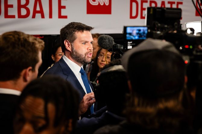 Vance speaks to the media in Atlanta after the <a href="http://www.cnn.com/2024/06/27/politics/gallery/photos-cnn-debate-biden-trump/index.html">CNN presidential debate</a> between Trump and President Joe Biden in June 2024.