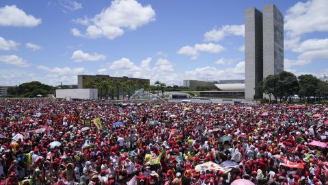 Lula supporters gather to attend his inauguration as new president, in Brasilia, Brazil, Sunday, Jan. 1, 2023.
