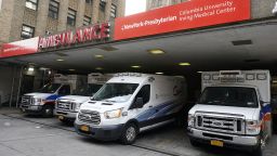 Ambulances fill the bay at New York-Presbyterian Hospital, in New York, on November 17, 2021.