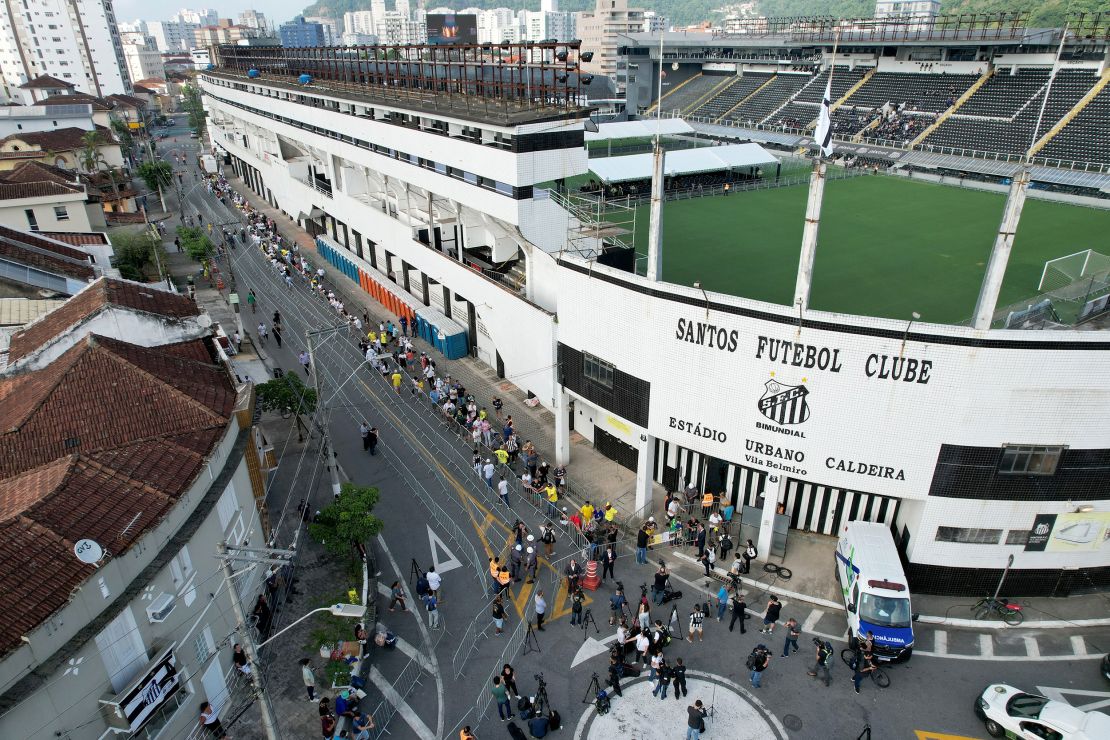 Aerial view of the Urbano Caldeira Stadium ahead of football legend Pele's funeral.
