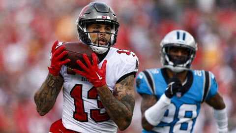 Evans catches a pass past Keith Taylor Jr. of the Carolina Panthers to score a touchdown. 