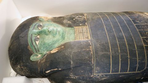 Mandatory Credit: Photo by KHALED ELFIQI/EPA-EFE/Shutterstock (13691837h)
The ancient Egyptian artefact 'Green Sarcophagus' is displayed after it was returned from the Houston Museum of Natural Sciences, in Cairo, Egypt, 02 January 2023. Egyptian Foreign Minister Sameh Shoukry and US Charge of Affairs Daniel Rubinstein attended a ceremony on 02 January to celebrate the handing over of the coffin lid known as the 'Green Sarcophagus' that was smuggled illegally outside of Egypt and recovered from the Houston Museum of Natural Sciences. The artefact is three meters long carved in wood with columns of hieroglyphic texts dating back to the Late Period (664-332 BC).
Egypt recovers 'Green Coffin' from Houston Museum of Natural Sciences, Cairo - 02 Jan 2023