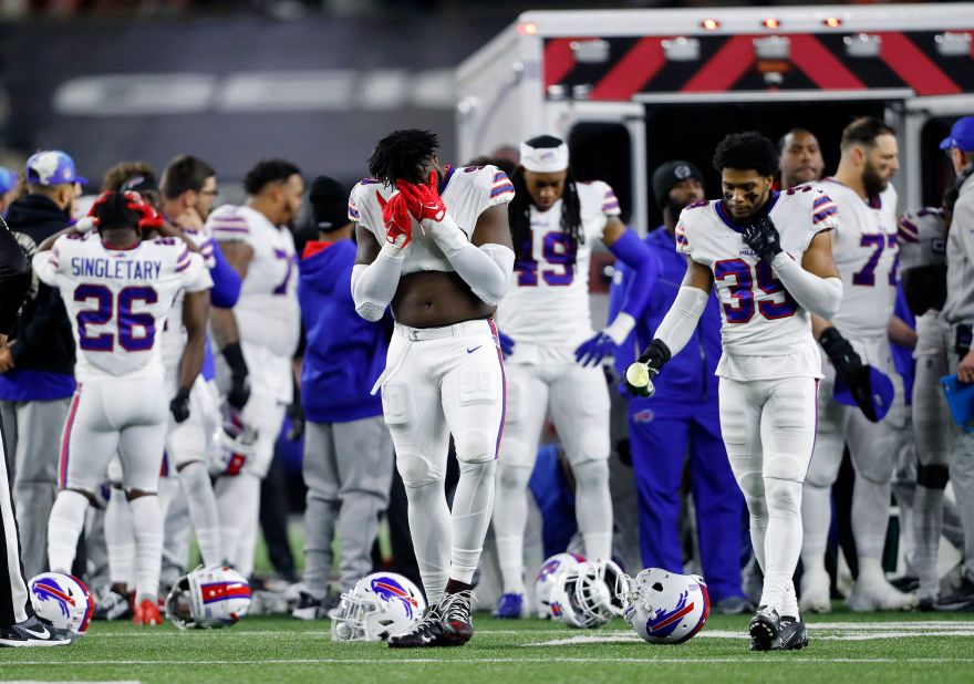Buffalo Bills players react after teammate <a href="http://www.cnn.com/2023/01/02/football/damar-hamlin-buffalo-bills-collapse/index.html" target="_blank">Damar Hamlin</a> collapsed on the field during the first quarter of the Monday Night Football game against the Cincinnati Bengals. Hamlin was administered CPR before being transported off the field in an ambulance.