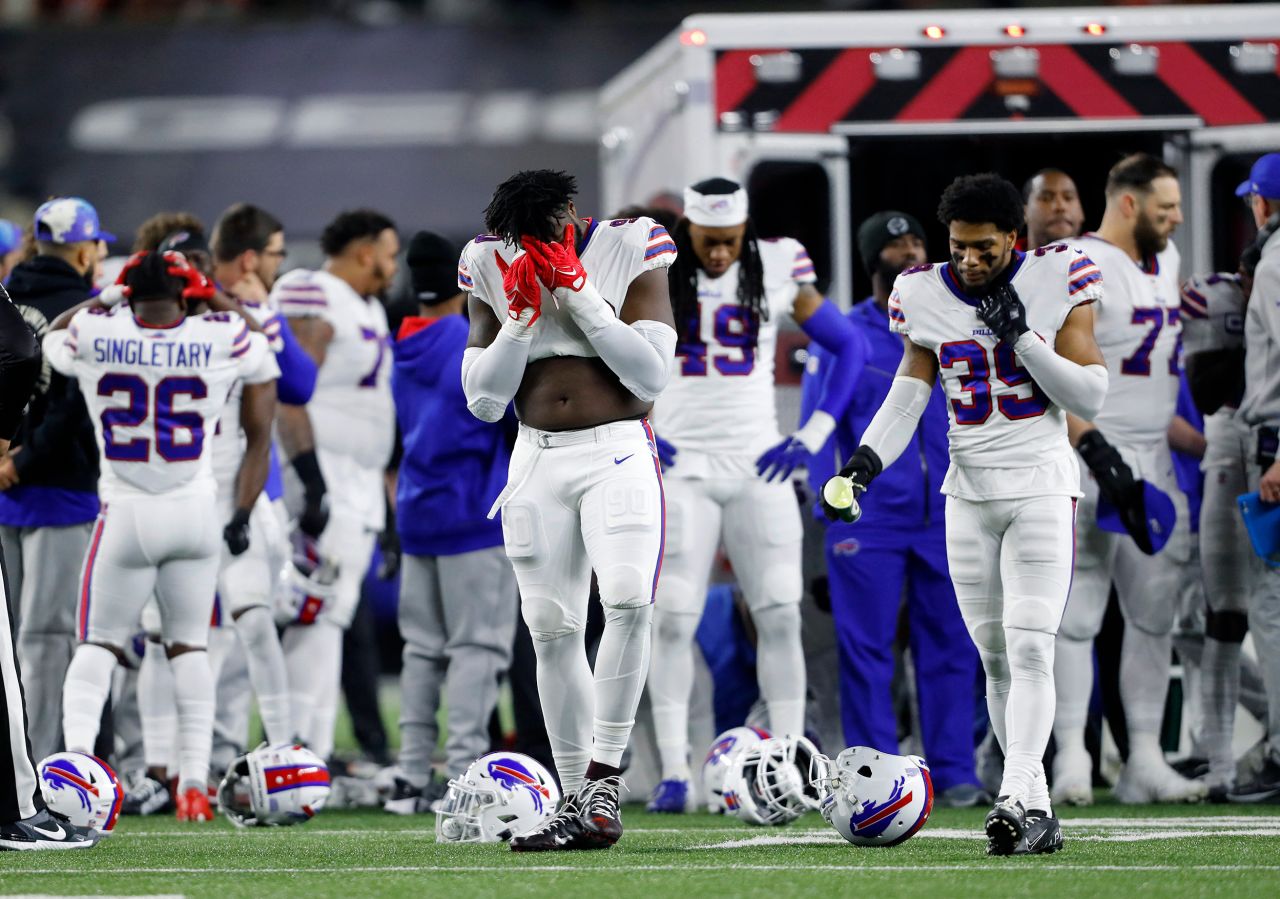 Buffalo Bills players react after teammate <a href="http://www.cnn.com/2023/01/02/football/damar-hamlin-buffalo-bills-collapse/index.html" target="_blank">Damar Hamlin</a> collapsed on the field during the first quarter of the Monday Night Football game against the Cincinnati Bengals. Hamlin was administered CPR before being transported off the field in an ambulance.