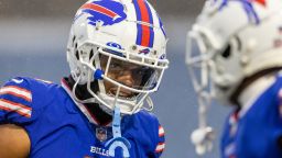 Buffalo Bills safety Damar Hamlin (3) warms up before playing against the New York Jets in an NFL football game, Sunday, Dec. 11, 2022, in Orchard Park, N.Y. Bills won 20-12. (AP Photo/Jeff Lewis)