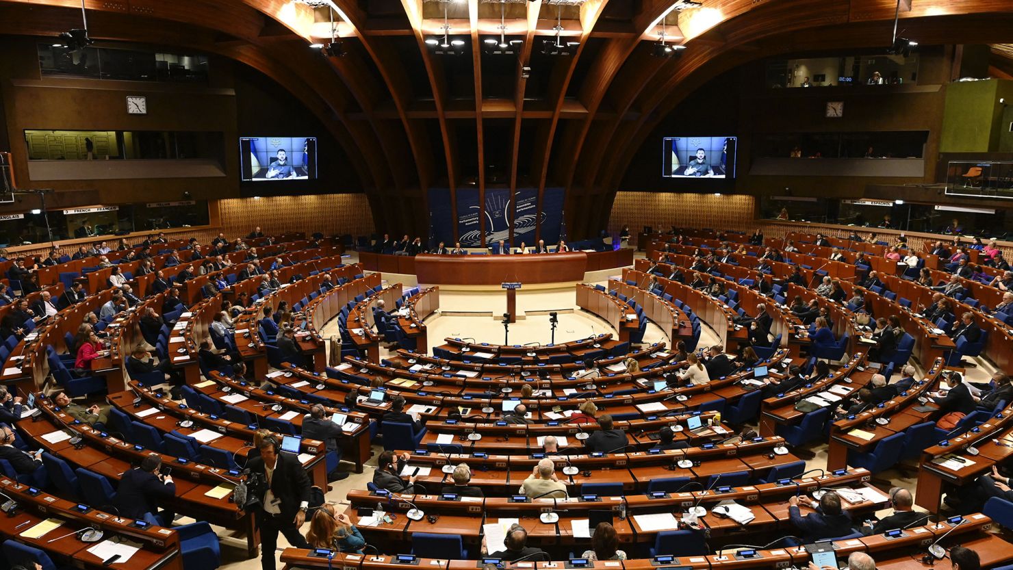 Ukrainian President Volodymyr Zelensky remotely addresses the Council of Europe in Strasbourg, France on October 13, 2022.