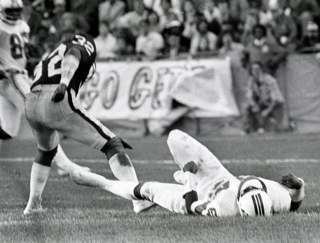 Jack Tatum of the Oakland Raiders, left, hits New England Patriots receiver Darryl Stingley, leaving him paralyzed, in an August 1978 preseason game.