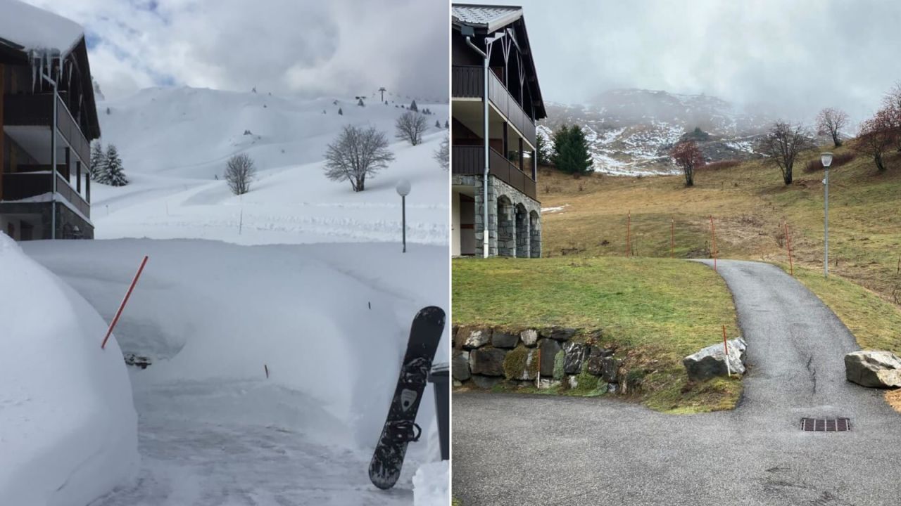 The photo on the left was taken by Christine Harrison in Le Praz De Lys in January 2018. Here's the same view five years later.
