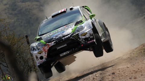 Ken Block and Alex Gelsomino compete at the WRC Rally Mexico in 2012. 