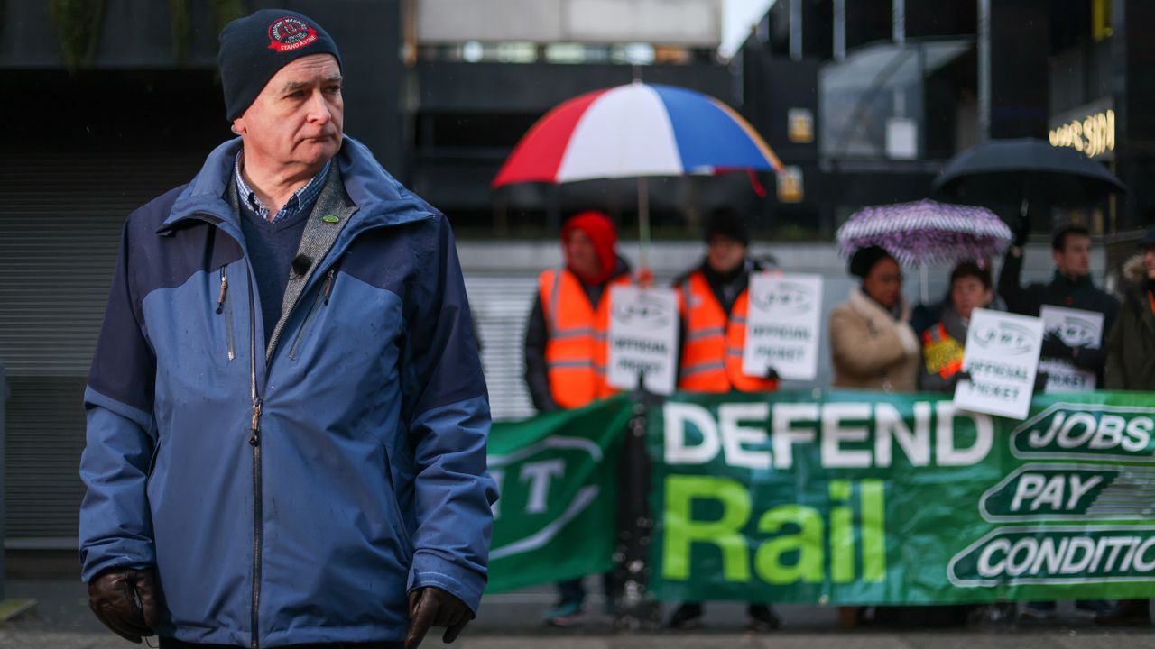 Mick Lynch, RMT general secretary, prepares for media interviews from a picket line during strike action outside London Euston railway station on Tuesday, Jan. 3, 2023.