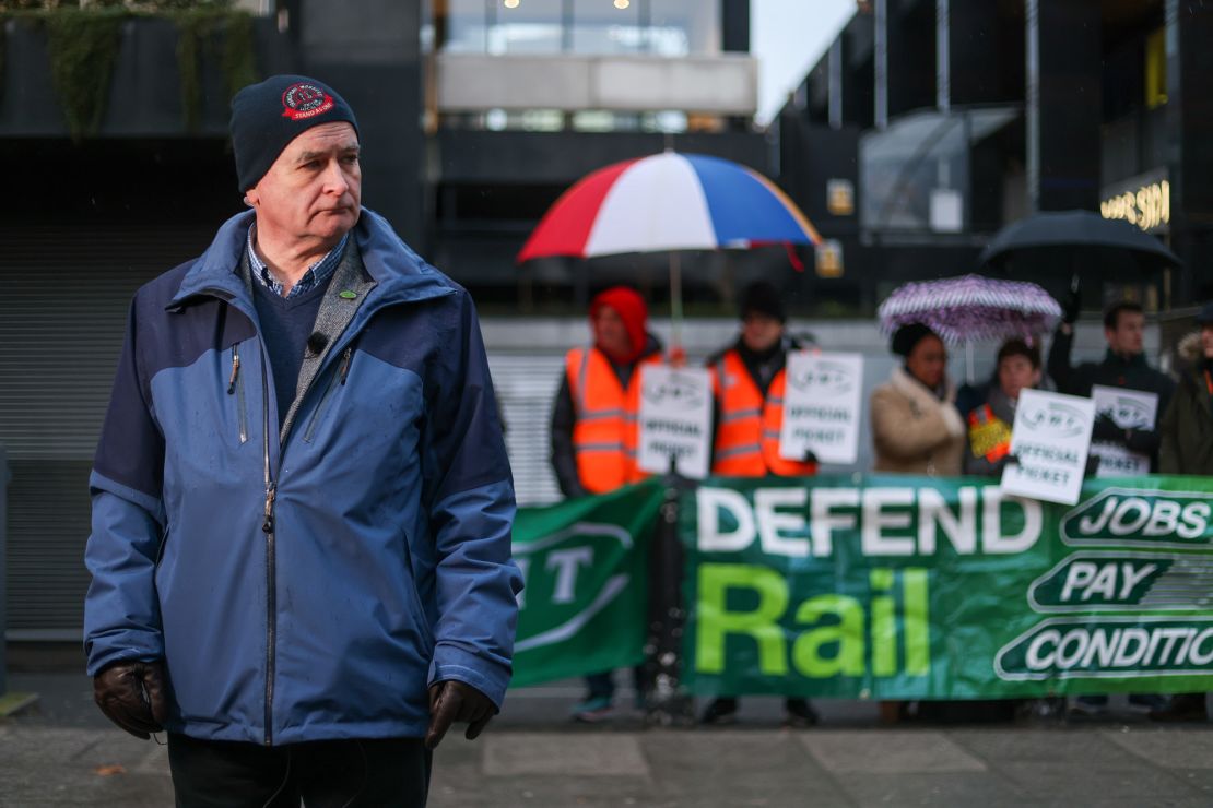 Mick Lynch, RMT general secretary, prepares for media interviews from a picket line during strike action outside London Euston railway station on Tuesday, Jan. 3, 2023.