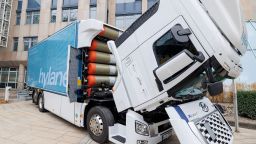 06 December 2022, Baden-Wuerttemberg, Stuttgart: The driver's cab of a truck was tilted forward, revealing hydrogen tanks behind it. DEKRA hosted the handover of what the organizers claim is Germany's first series-produced hydrogen truck with road approval. The Hyundai vehicle of the type "XCIENT Fuel Cell" went as a rental vehicle to an event company from the Stuttgart area. Photo by: Julian Rettig/picture-alliance/dpa/AP Images