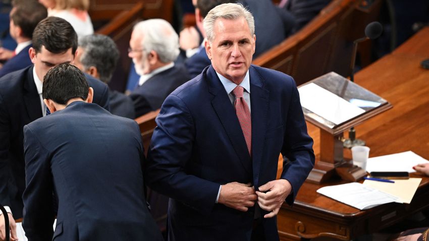 US Republican Representative Kevin McCarthy (R) of California listens as the US House of Representatives convenes for the 118th Congress at the US Capitol in Washington, DC, January 3, 2023. - McCarthy was defeated on the first ballot to choose a Speaker of the House. 