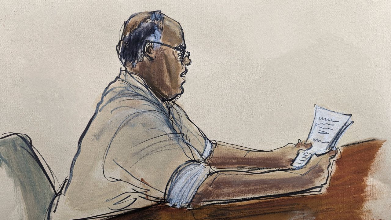 In this courtroom sketch, Frank James reads a statement of guilt on Tuesday. 