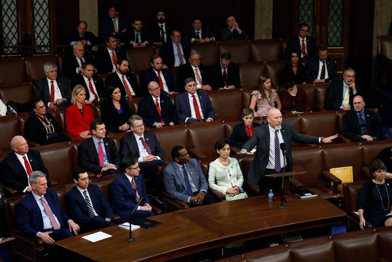 US Rep. Chip Roy, a Republican from Texas, delivers remarks on the House floor on Tuesday. Roy, one of the Republicans who voted against McCarthy, was nominating Rep. Jim Jordan for the speakership. 