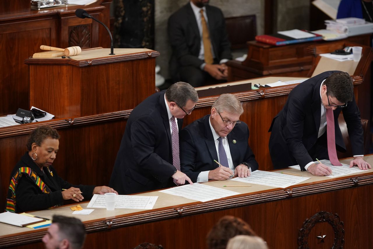 Votes are tallied in the House chamber on Tuesday. The tally for the first ballot was 203 for McCarthy, with 19 Republicans voting for other candidates. The tally for the second ballot was 203 votes for McCarthy and 19 votes for Jordan. The third vote was 202 for McCarthy and 20 for Jordan. To be elected speaker, a candidate needs to win a majority of members who vote for a specific person on the House floor. That amounts to 218 votes if no member skips the vote or votes 