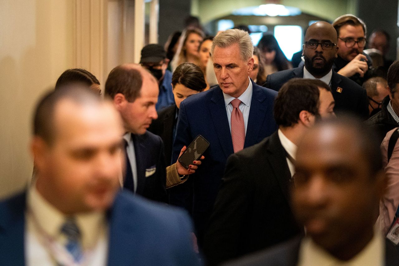 McCarthy talks to reporters following a GOP Caucus meeting earlier on Tuesday. The closed-door meeting grew tense and heated as uncertainty grew over McCarthy's fate.