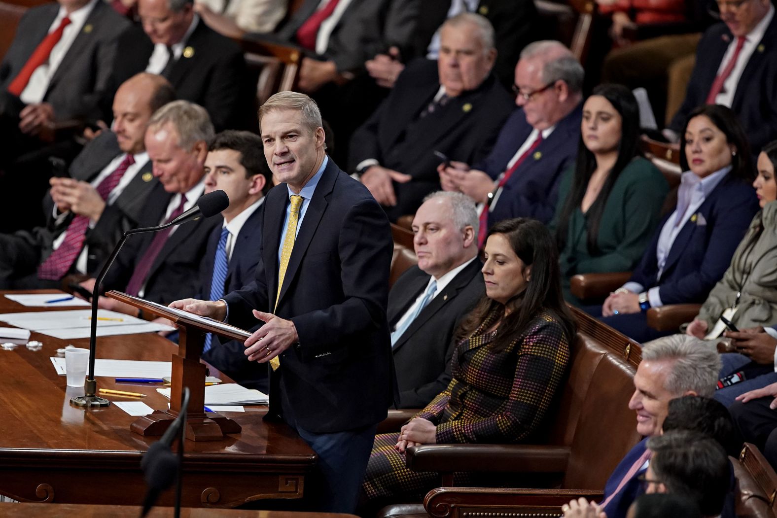 Jordan speaks on the House floor Tuesday. Jordan, in an effort to show party unity, nominated McCarthy in the second round of voting. He said the differences among Republican lawmakers "pale in comparison" to the differences between Republicans and Democrats. "We need to rally around him," Jordan said of McCarthy.