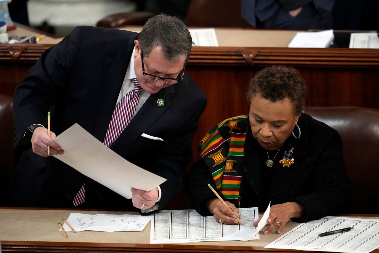 US Reps. Joe Morelle, a Democrat from New York, and Rep. Barbara Lee, a Democrat from California, look at the count after the first round of voting.