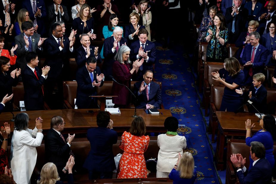 Jeffries acknowledges applause after he was nominated to lead the Democratic Party's minority in the chamber. He will become the first Black lawmaker to lead a party in Congress.