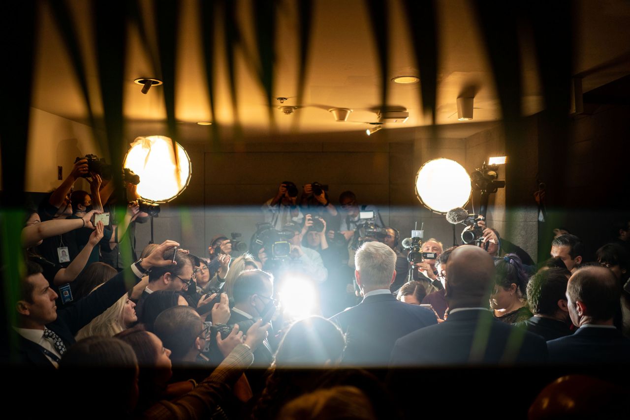 McCarthy speaks with reporters as he departs from Tuesday's morning's meeting with House Republicans.