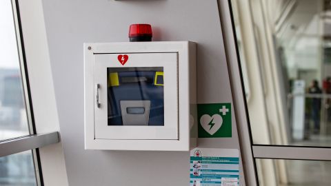 Defibrillators are often available in public places like airports.