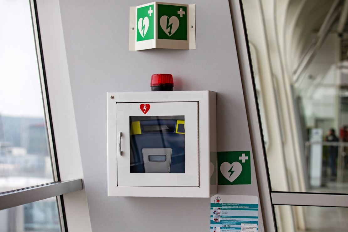 Defibrillators are often available in public places like airports.