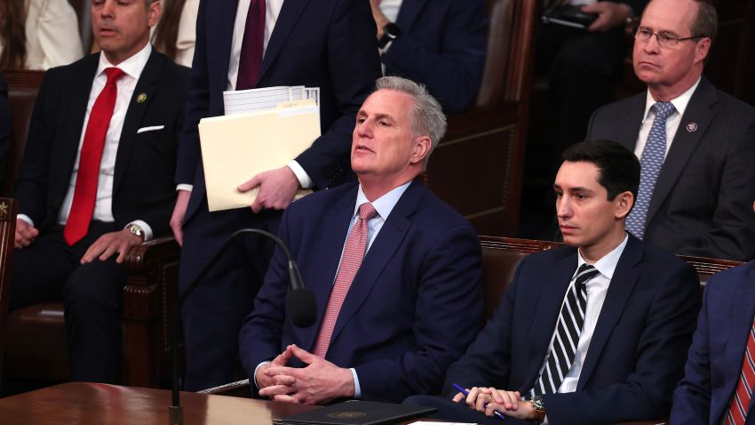 WASHINGTON, DC - JANUARY 03: U.S. House Minority Leader Kevin McCarthy (R-CA) (C) takes his seat as he arrives for the start of the 118th Congress in the House Chamber of the U.S. Capitol Building on January 03, 2023 in Washington, DC. Today members of the 118th Congress will be sworn-in and the House of Representatives will elect a new Speaker of the House.