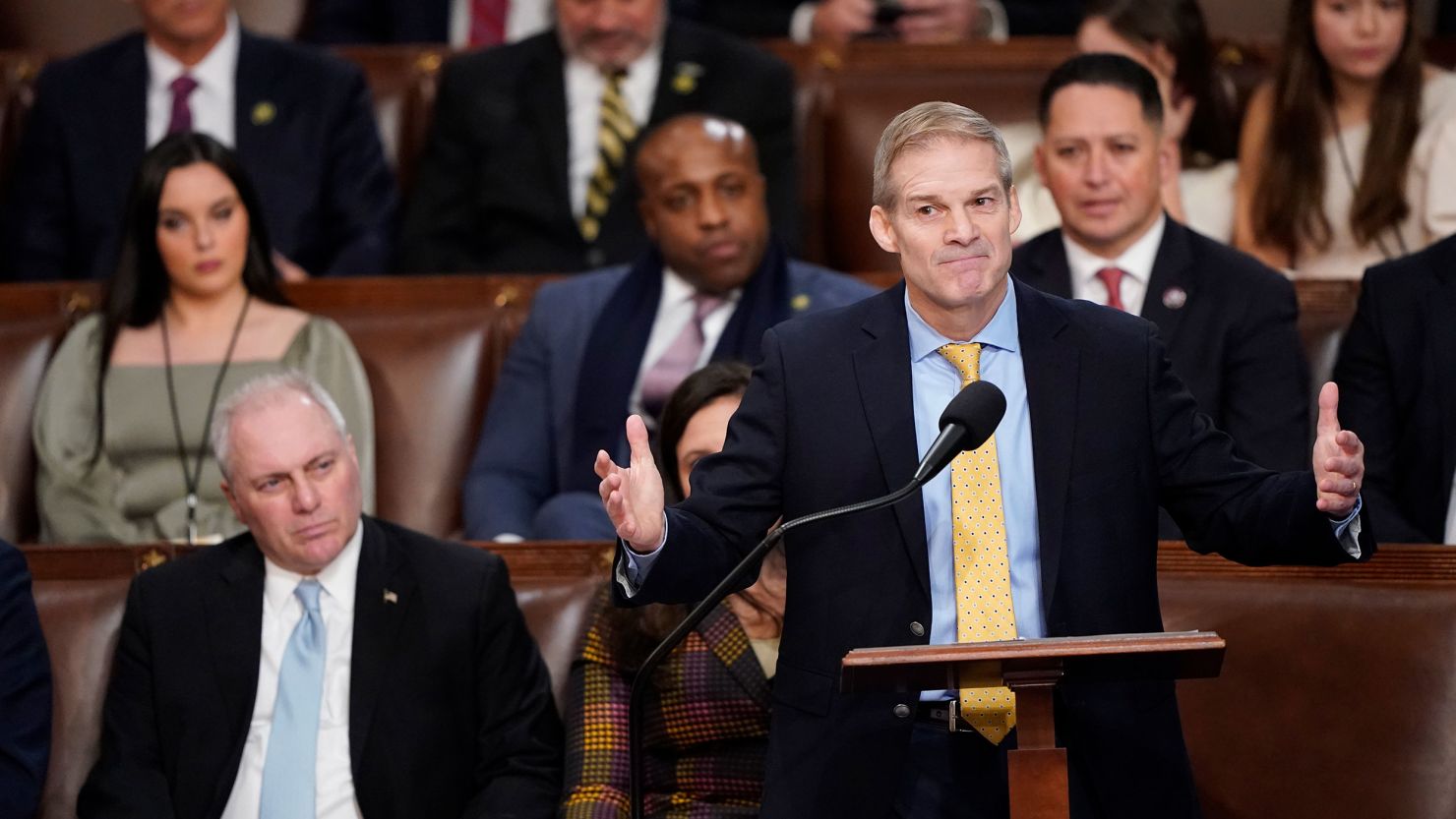 Rep. Jim Jordan speaks on Kevin McCarthy's behalf for the House speakership on the first day of the new Congress. Jordan is now chairman of the powerful House Judiciary Committee.