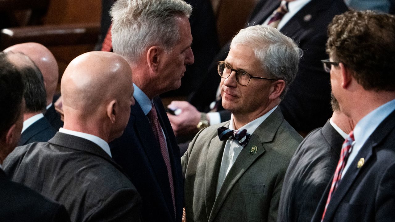 Rep. Patrick McHenry, center, and House Republican Leader Kevin McCarthy, are seen on the House floor of the US Capitol on Tuesday, January 3, 2023.