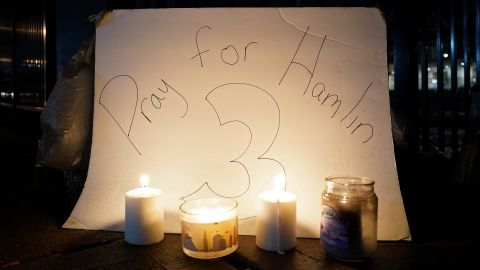A vigil for Damar Hamlin is displayed at the University of Cincinnati Medical Center.