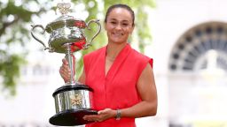 MELBOURNE, AUSTRALIA - JANUARY 30: Ashleigh Barty of Australia poses with the Daphne Akhurst Memorial Cup after winning last nights 2022 Australian Open Women's Singles Final, at Royal Exhibition Building on January 30, 2022 in Melbourne, Australia. (Photo by Kelly Defina/Getty Images)