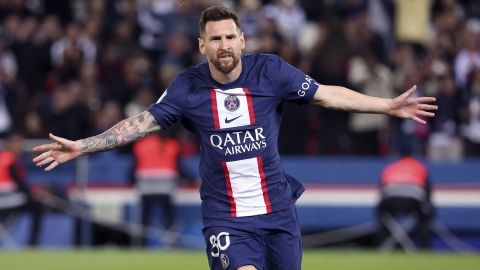 Lionel Messi celebrates scoring for PSG against Nice on October 1, 2022. 