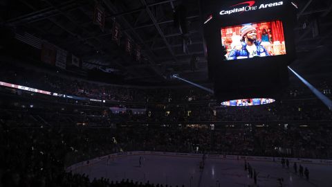Hamlin's face is projected on the scoreboard before the Buffalo Sabres play against the Washington Capitals.