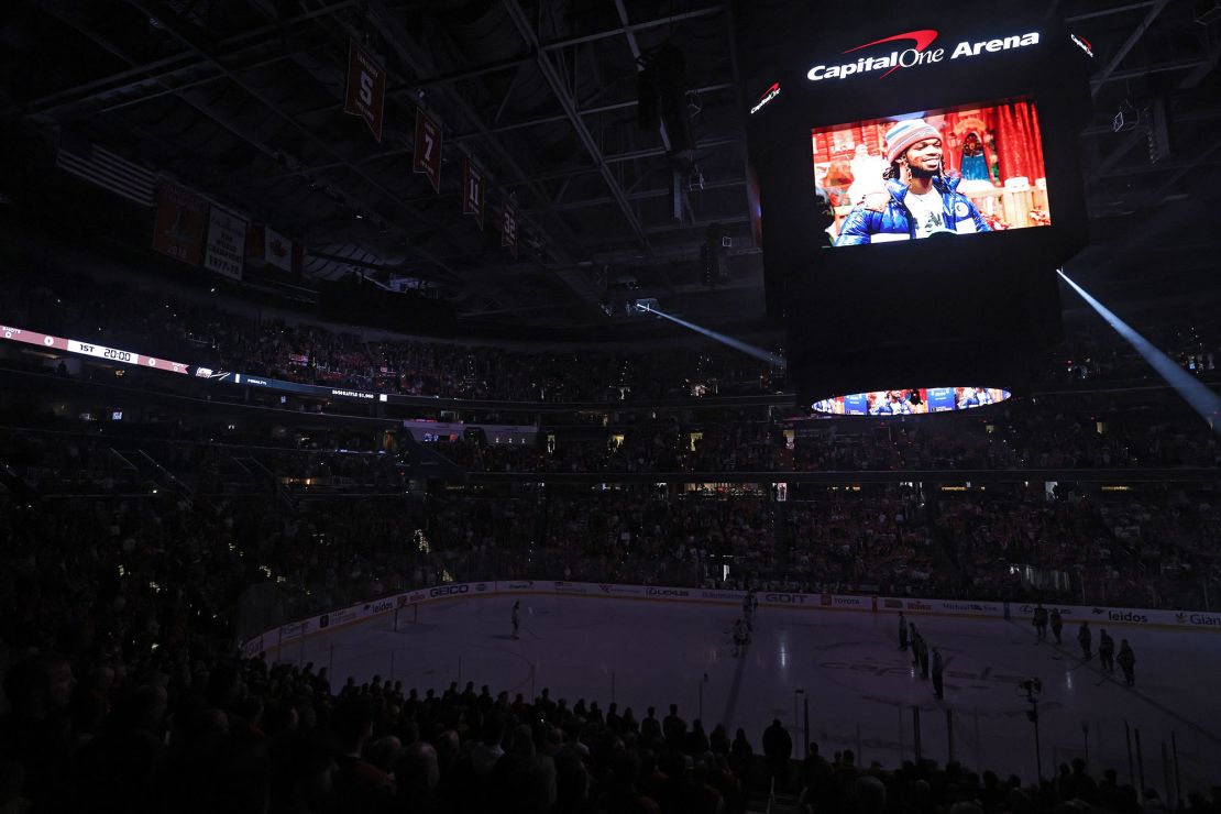 Hamlin's face is projected on the scoreboard before the Buffalo Sabres play against the Washington Capitals.