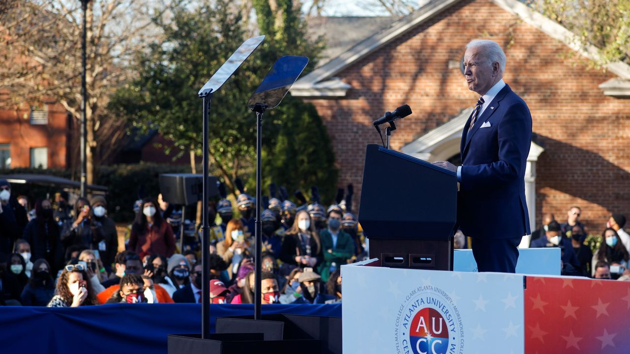 President Joe Biden delivers remarks on voting rights during a speech on the grounds of Morehouse College and Clark Atlanta University in Atlanta.