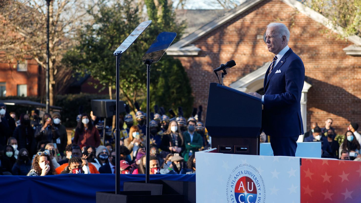 President Joe Biden delivers remarks on voting rights during a speech on the grounds of Morehouse College and Clark Atlanta University in Atlanta.