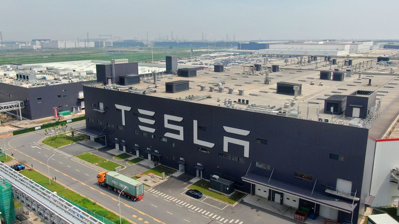 Aerial view of Tesla Shanghai Gigafactory at Lingang New Area on July 11, 2021 in Shanghai, China. 
