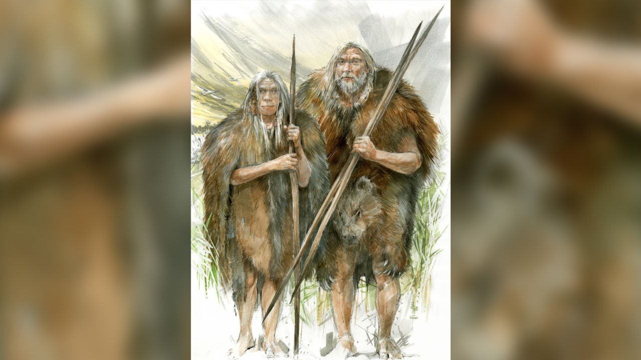 An artist's impression of Stone Age humans wearing cave bear skins for protection from the cold. 