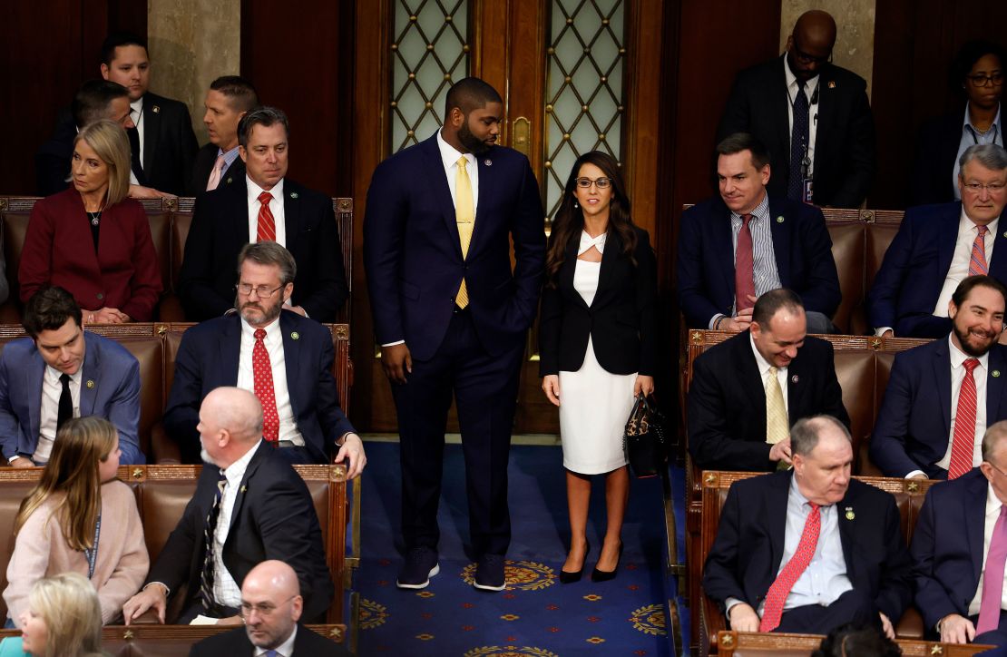 Rep. Lauren Boebert stands next to Rep. Byron Donalds as she casts her vote in the House chamber during the second day of elections for speaker at the US Capitol on January 4, 2023.