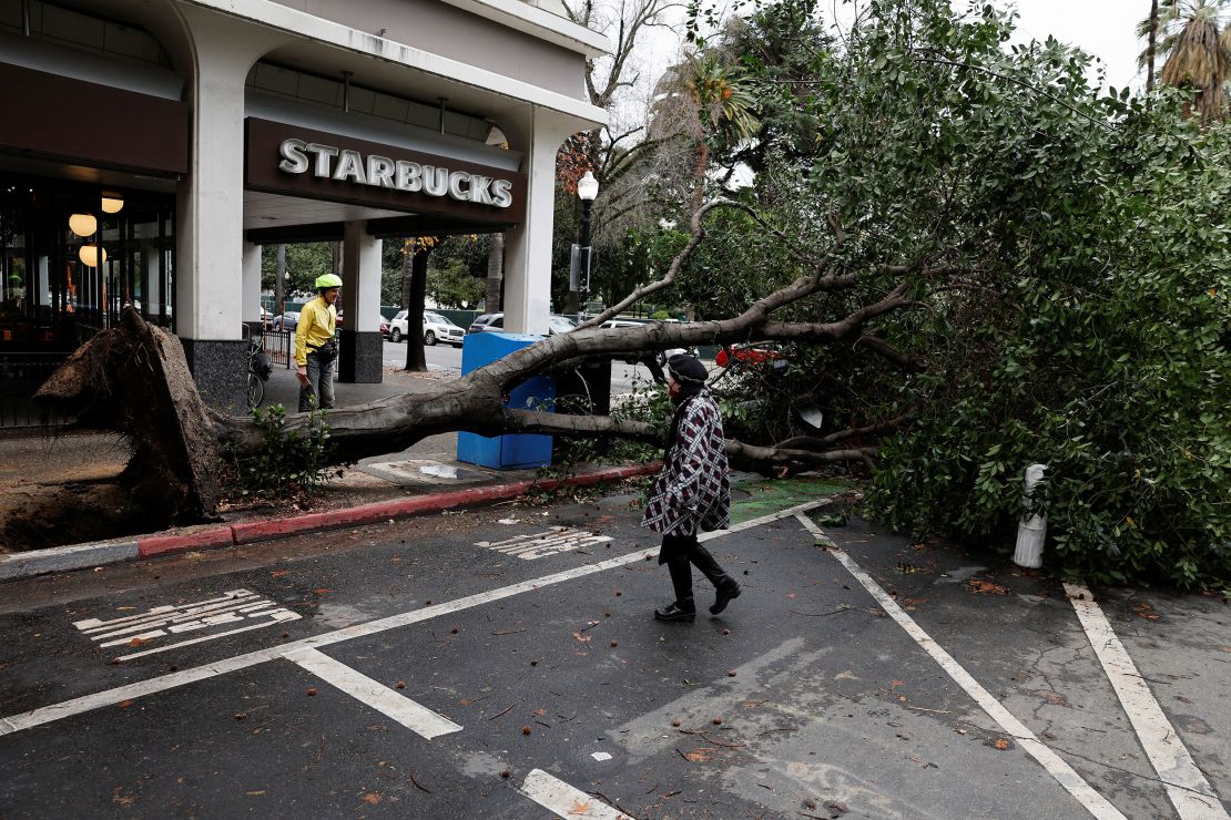 Pedestrians walk around a tree that fell during a storm in downtown Sacramento, California, on January 4, 2023. 
