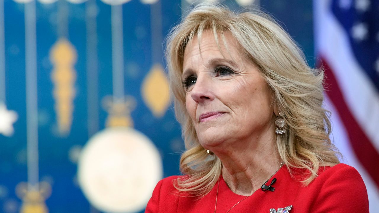First lady Jill Biden speaks in the South Court Auditorium on the White House complex in Washington, Monday, Dec. 12, 2022, at an educator appreciation event.