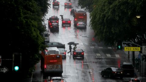 Rain slicks Grand Avenue in downtown Los Angeles on January 4, 2023.