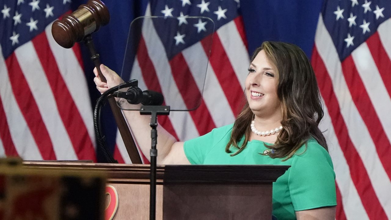 CHARLOTTE, NORTH CAROLINA - AUGUST 24: Republican National Committee Chairwoman, Ronna McDaniel, gavels the call-to-order on the first day of the Republican National Convention at the Charlotte Convention Center on August 24, 2020 in Charlotte, North Carolina. The four-day event is themed "Honoring the Great American Story."