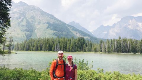 Here's Travis and Sarah in the Teton Range mountain range in Wyoming, part of the Rocky Mountains.