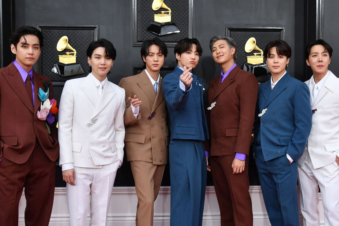 K-pop group BTS at the 64th Grammy Awards in Las Vegas on April 3, 2022.