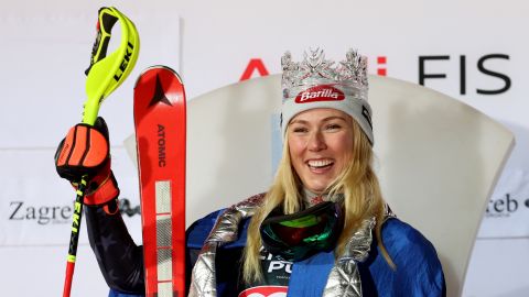 Shiffrin celebrates her victory in the women's slalom race in Zagreb, Croatia. 